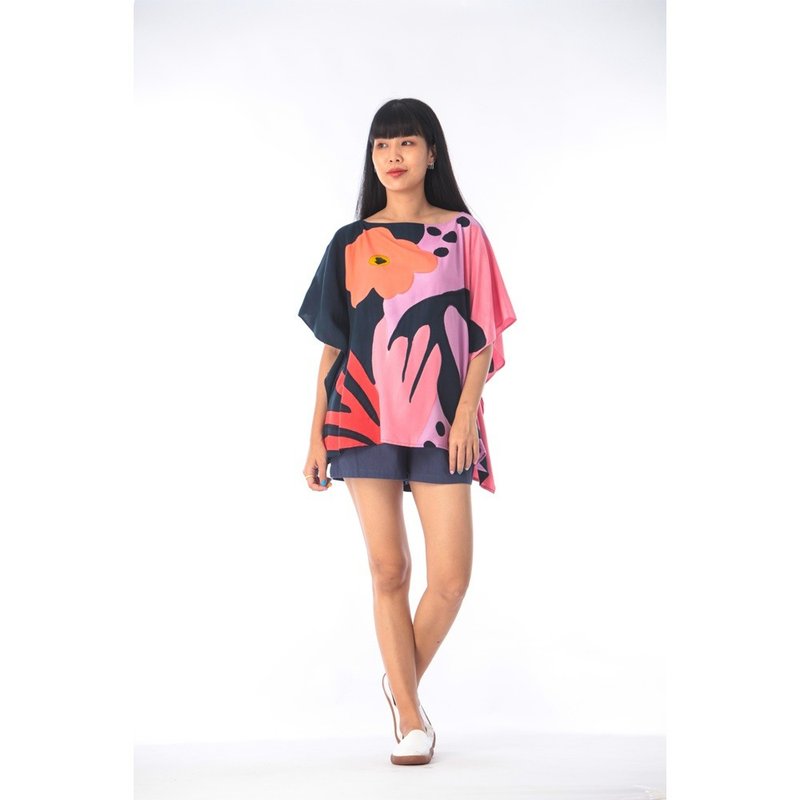 Poncho Blouse Cotton Silk Hand Painted for Summer resort vac - 女上衣/長袖上衣 - 棉．麻 粉紅色