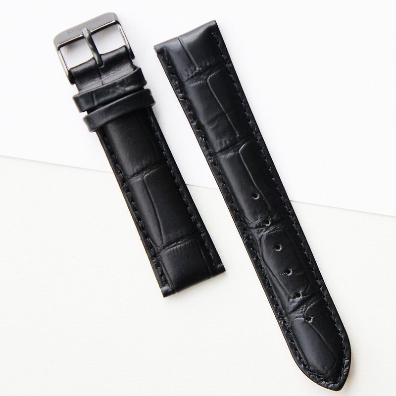 【PICONO】20-18mm黑色鱷魚紋真皮錶帶-黑色錶扣 - 男錶/中性錶 - 真皮 