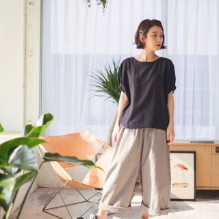 Grace Linen Cotton Drawstring Puff Sleeves Top Shirt Black