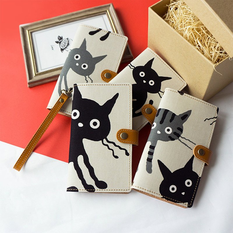 全機種対応 スマホケース 手帳型 【 大きなネコ -ホワイト- 】 ねこ イラスト 本革 レザー 純国産 AL14K - 手機殼/手機套 - 棉．麻 白色