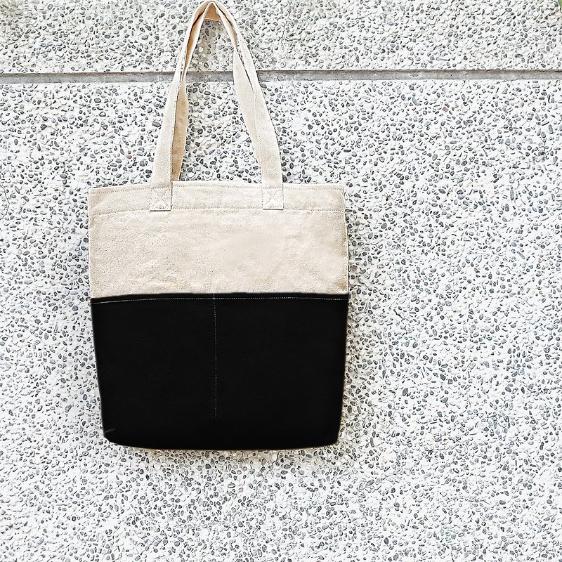 Thick canvas color double-pocket tote bag (shoulder bag / handbag) - black - Messenger Bags & Sling Bags - Cotton & Hemp Black