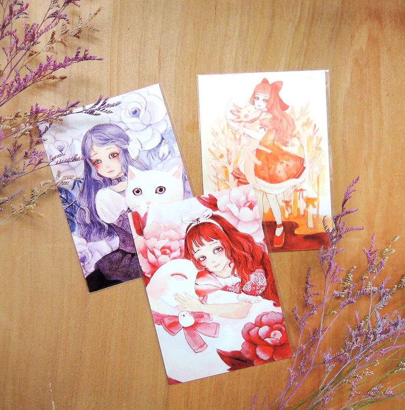 Girl and pets postcard set - Cards & Postcards - Paper Pink