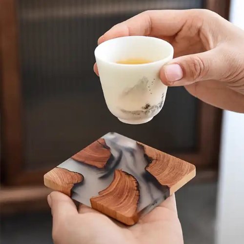 本草崗木 手工實木樹脂水墨杯墊 / 松木