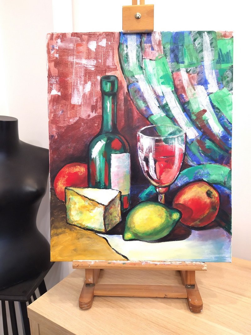 Wine bottle, glass of wine, cheese and fruits acrylic canvas painting - Wall Décor - Other Materials Multicolor