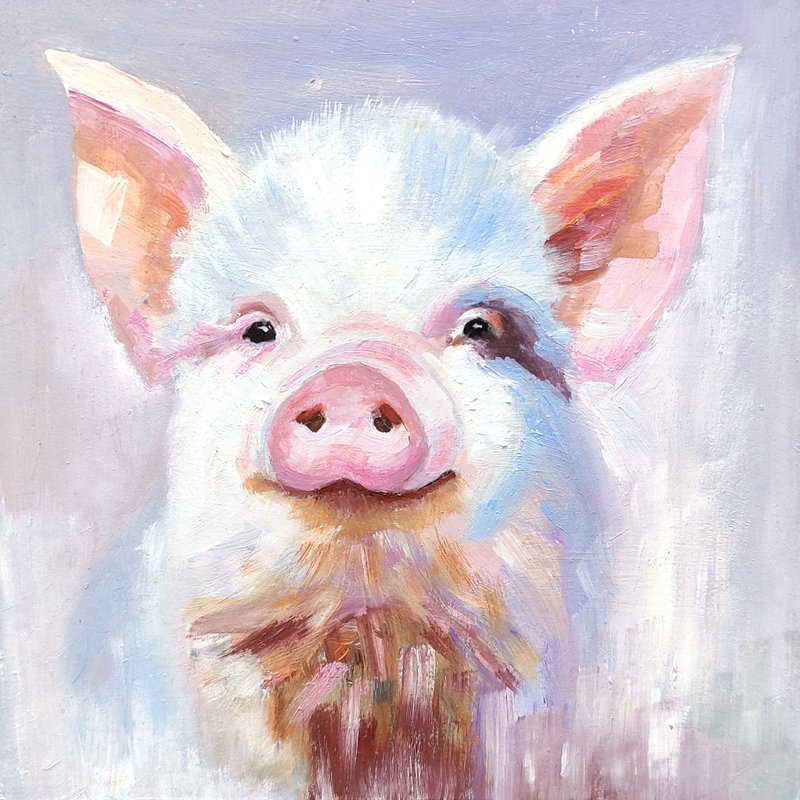 Pig Original Oil Painting Farm Animal Art Funny Portrait Wall Art 手工油畫  油畫原作 - 海報/掛畫/掛布 - 其他材質 多色