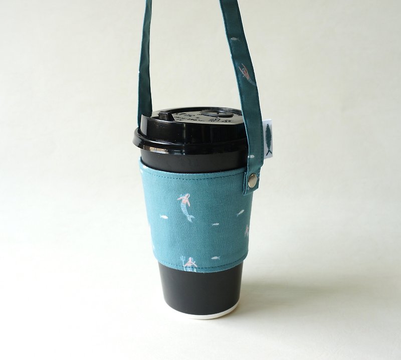 / Mermaid Princess // Eco Cup Bag / Drink Bag / Cup Cover - ถุงใส่กระติกนำ้ - ผ้าฝ้าย/ผ้าลินิน สีน้ำเงิน