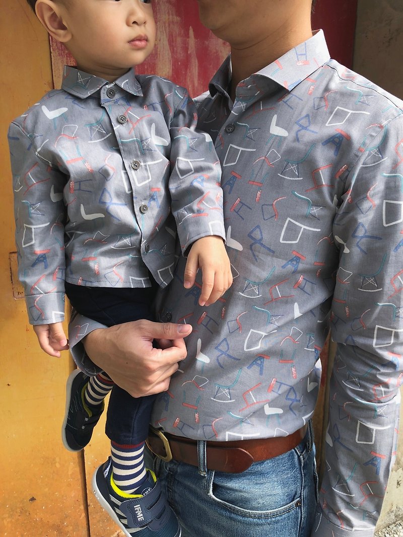 [Parent-child wear] Micro-custom men's infant flower shirt-lead iron gray home chair - Parent-Child Clothing - Cotton & Hemp Gray