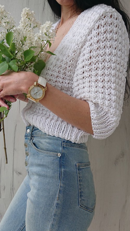 Scarlet Sails Shop White knitted cardigan Crop jacket V neck short sleeve top Summer cotton blouse