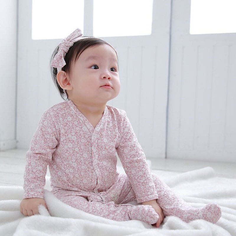 【Deux Filles有機棉】女童粉底白花包腳連身裝 - 嬰兒連身衣/包被/包巾 - 棉．麻 粉紅色