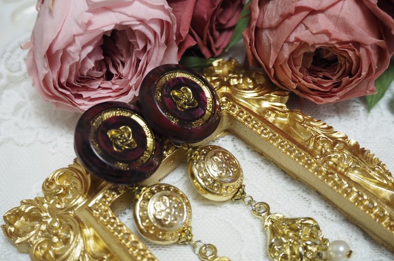 【Notre Dame - Our Lady】Vintage Copper Pearl Flower Drop Earrings - ต่างหู - ทองแดงทองเหลือง สีแดง