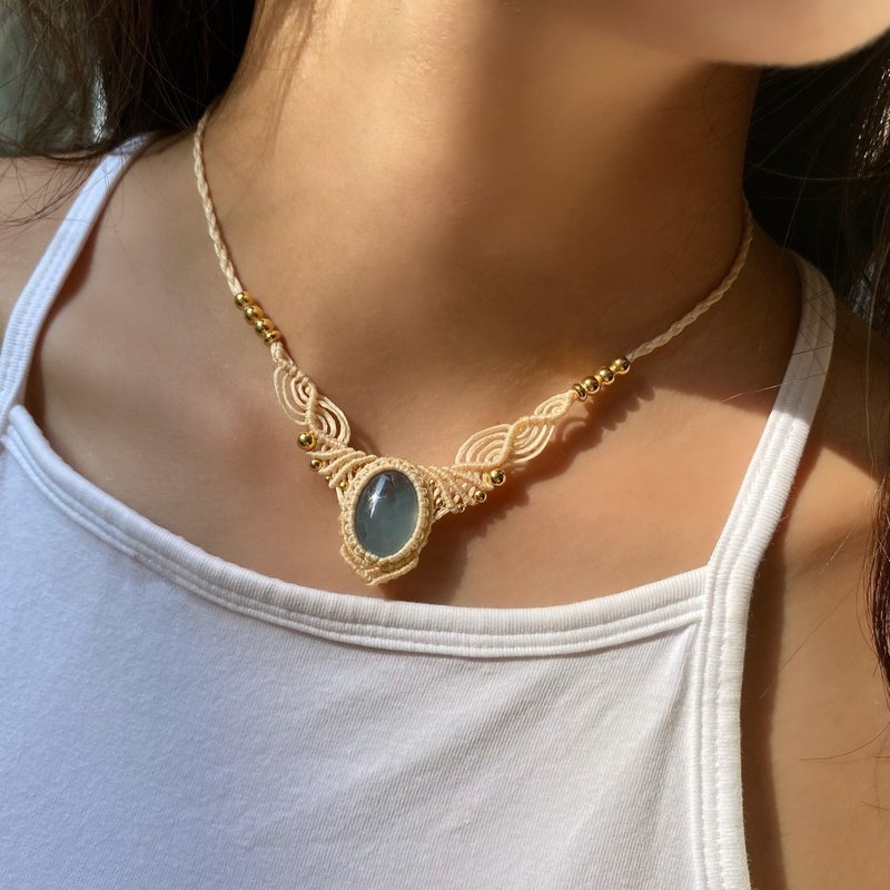 Welcome Yao ethnic style macrame Wax line necklace chocker clavicle chain aquamarine necklace - สร้อยคอ - เครื่องประดับพลอย ขาว