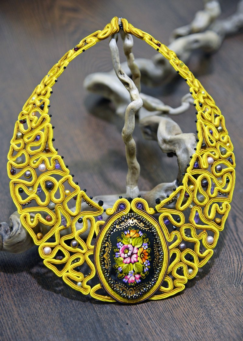 Braided yellow necklace / Summer minimalistic jewelry / Light soutache jewelry - Necklaces - Wood White