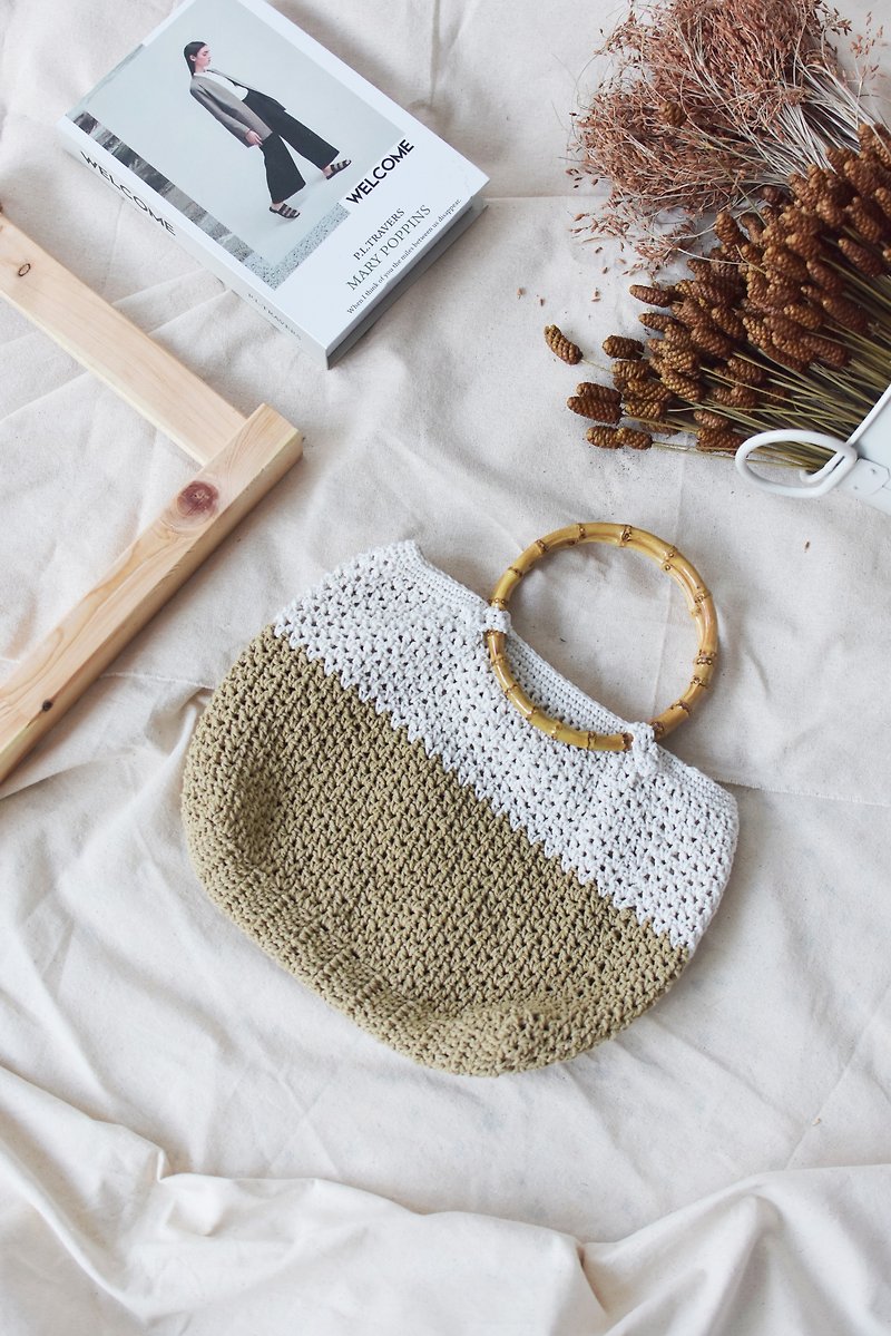 Two tone crochet wooden handle - Handbags & Totes - Cotton & Hemp Khaki