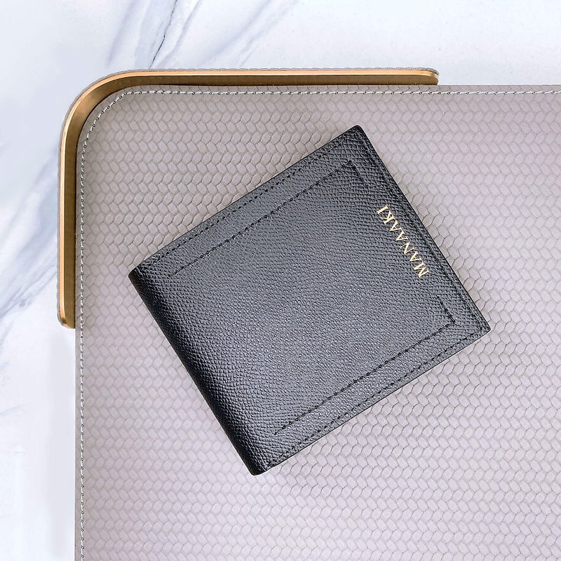 【MANAAKI】Double-line short wallet (men's version) short Silver wallet leather - Wallets - Eco-Friendly Materials Black