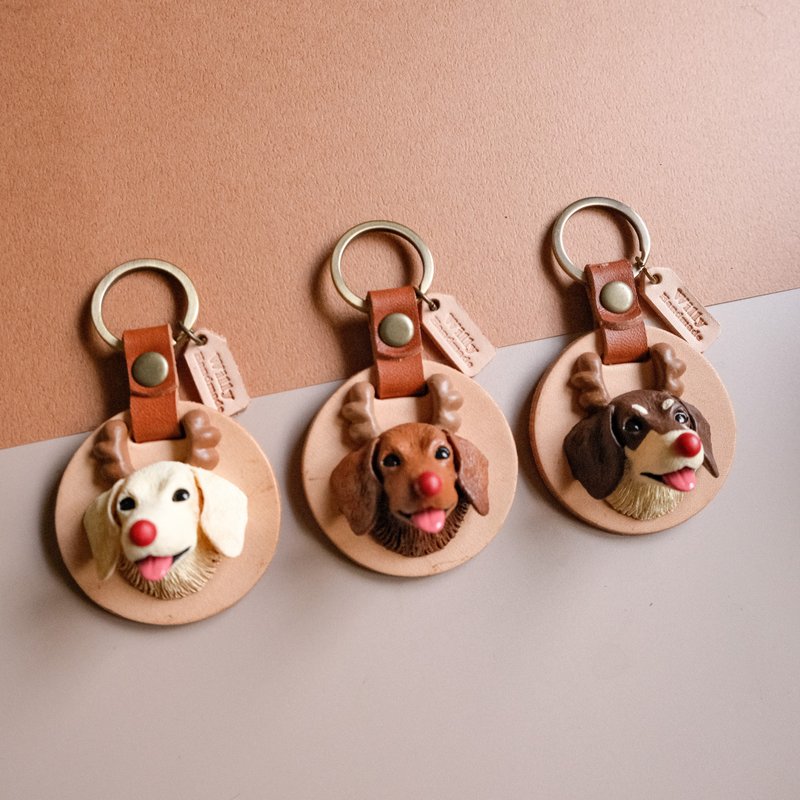 Christmas gift deer style - Q version short-haired dachshund leather key ring / free engraving in English - Keychains - Resin Brown