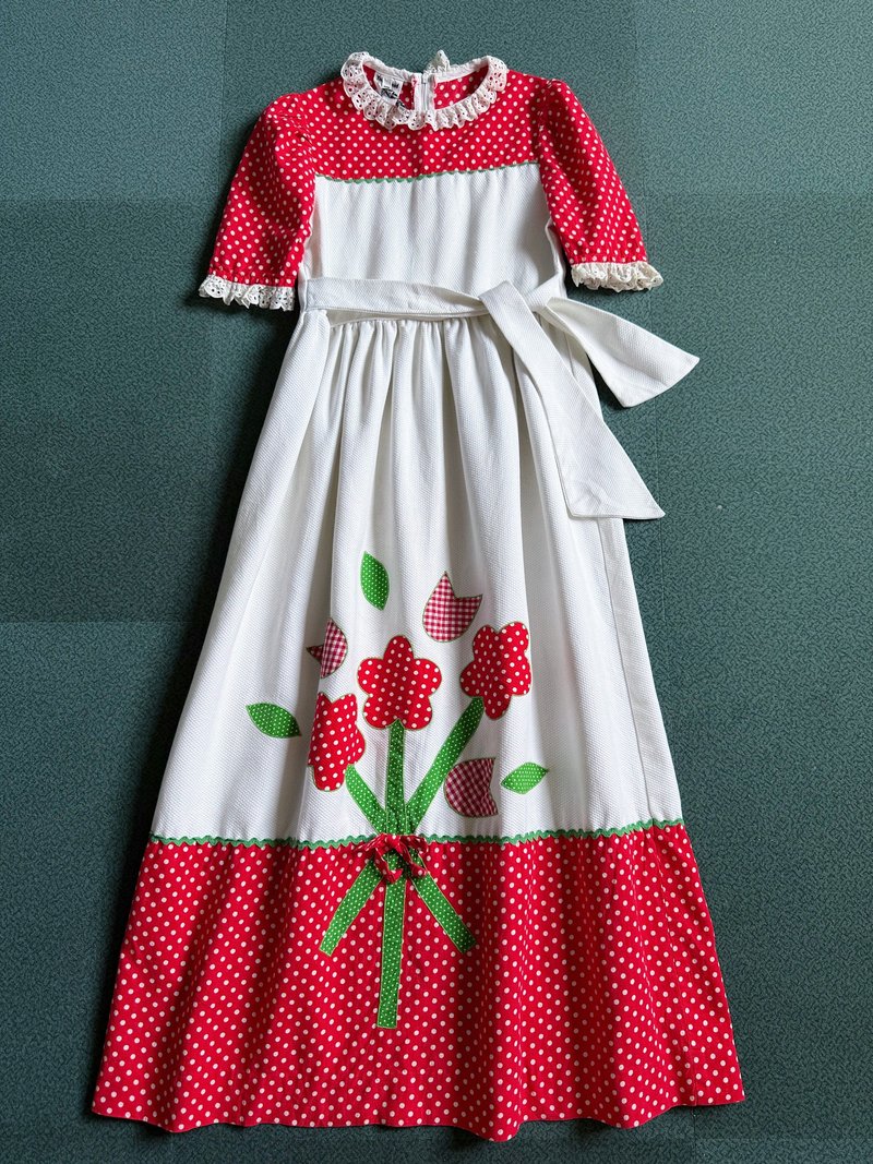 童趣花束手工貼布 華夫格肌理棉布拼接波點  1960s - 洋裝/連身裙 - 棉．麻 