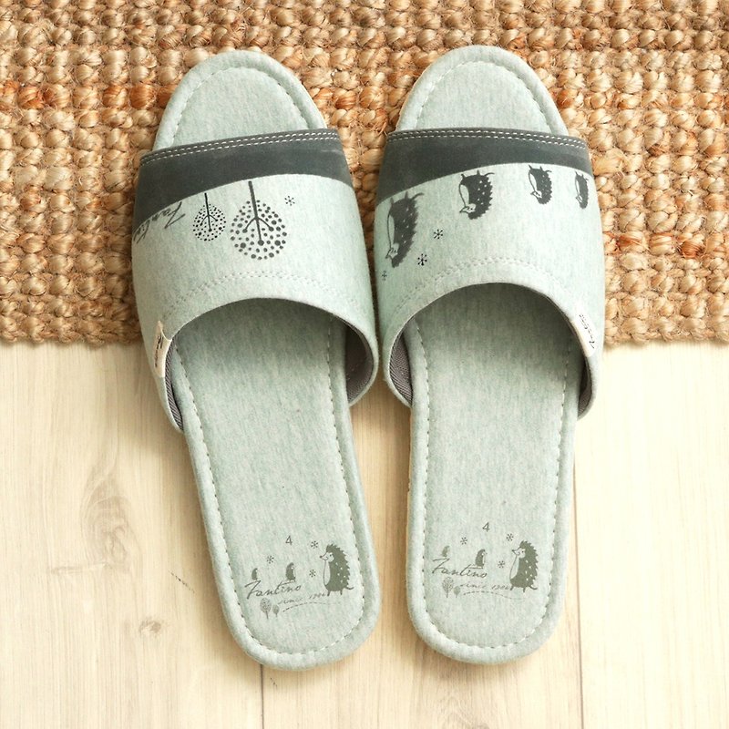 [Sold Out] Organic Cotton Flocking Indoor Slippers (Hedgehog Family) Twist Green/Valentine's Day Gift/Christmas - รองเท้าแตะในบ้าน - ผ้าฝ้าย/ผ้าลินิน สีเขียว