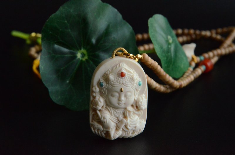 【垂睫】天然猛獁象牙扎基拉姆吊墜項鏈冰咖料珠鏈 - 項鍊 - 寶石 白色