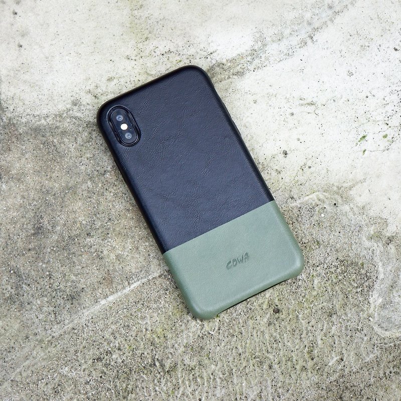 iPhone X two-tone leather phone case - black / olive green / without card / - เคส/ซองมือถือ - หนังแท้ สีดำ