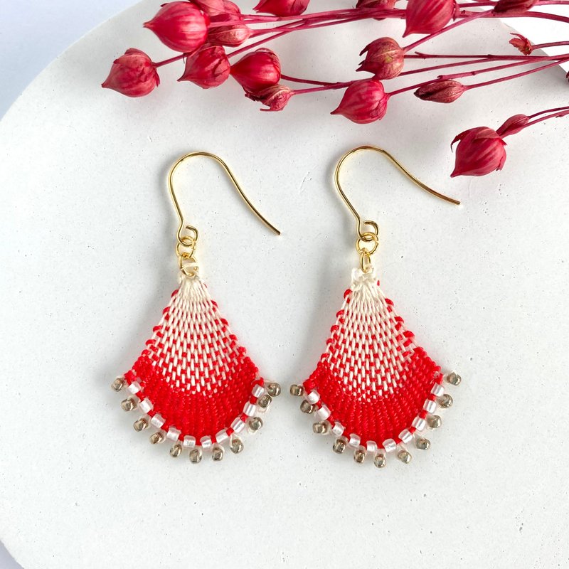 Gradient (Red) Thread and Bead Earrings Embroidery Ñandutí - Earrings & Clip-ons - Thread Red