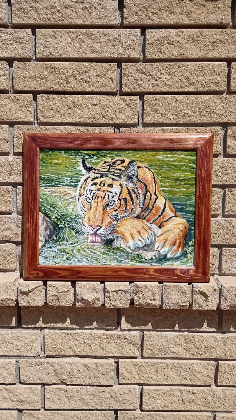 Oil painting on canvas Tiger picture with a tiger in a frame portrait of a tiger - ภาพวาดบุคคล - วัสดุอื่นๆ หลากหลายสี
