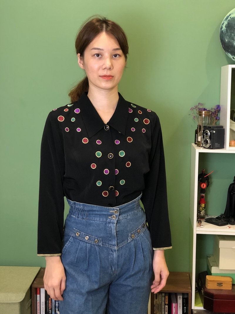 彩色點點黑色長袖襯衫 - 女襯衫 - 其他材質 