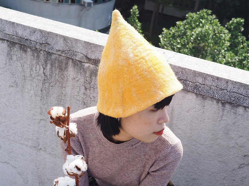 黃檸檬漸層羊毛精靈帽 - 帽子 - 羊毛 黃色