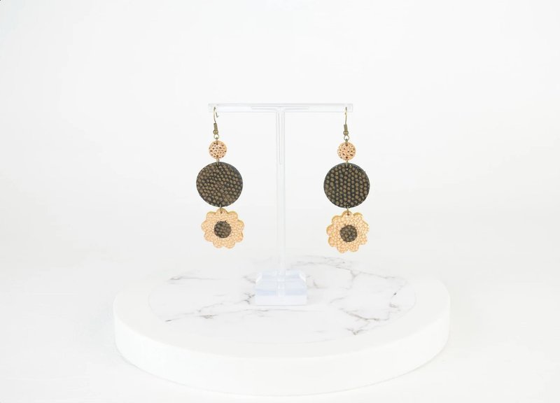 Leather Earrings in Polka Dot Gold Orange and Black Salvaged Recycled Jewellery - ต่างหู - หนังแท้ สีทอง