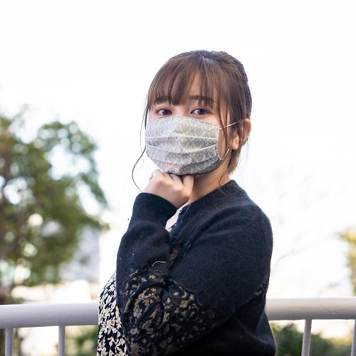 Temariya 日本製布口罩專門店 錦緞圖案 灰色 手工立體口罩 可洗滌 日本製純棉二重紗布 成人