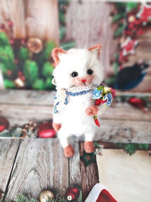 Custom miniature realistic crochet white-black cat figurine
