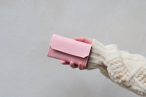 1983ER 桃子牛奶 粉紅色帆布 可水洗紙 零錢包/卡夾 環保輕量短銀包