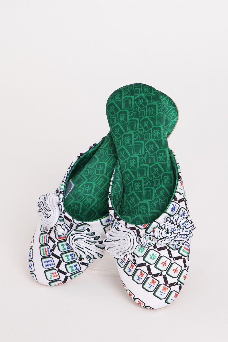 Yi-ming MARIE MAHJONG PRINT HOUSE SLIPPERS (GREEN ) - Sandals - Cotton & Hemp 