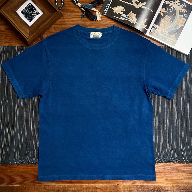 Major Folk│Handmade plant indigo dyed Japanese indigo retro short-sleeved round neck TEE - เสื้อยืดผู้ชาย - ผ้าฝ้าย/ผ้าลินิน สีน้ำเงิน