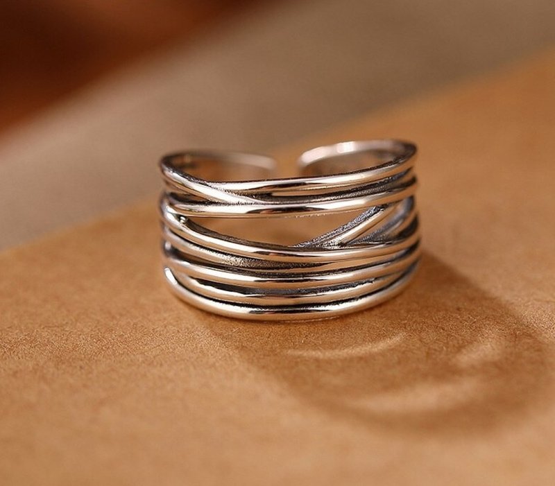 Multi Silver Lines Crossed Hollow Wide Rings Women Glossy 925 Sterling Silver - 戒指 - 純銀 銀色