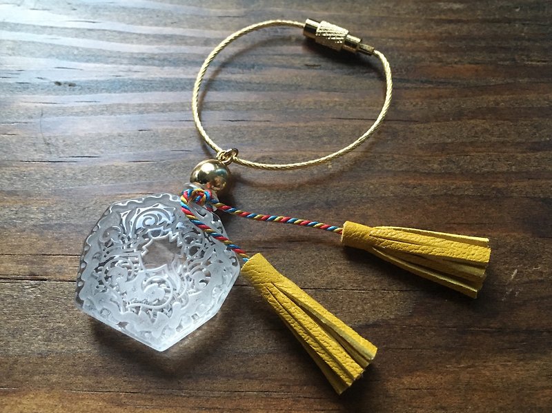 Vintage glass and French goat leather tassel bag charm crystal - Necklaces - Genuine Leather Yellow