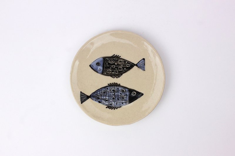 Nice Little Clay Hand-painted small dish two blue fish 03041-4 - Small Plates & Saucers - Pottery White