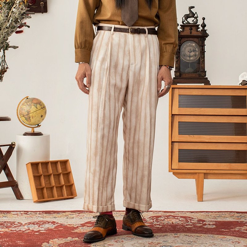 SOARIN British retro smudged striped suit pants (243TF187) - กางเกงขายาว - ผ้าฝ้าย/ผ้าลินิน ขาว