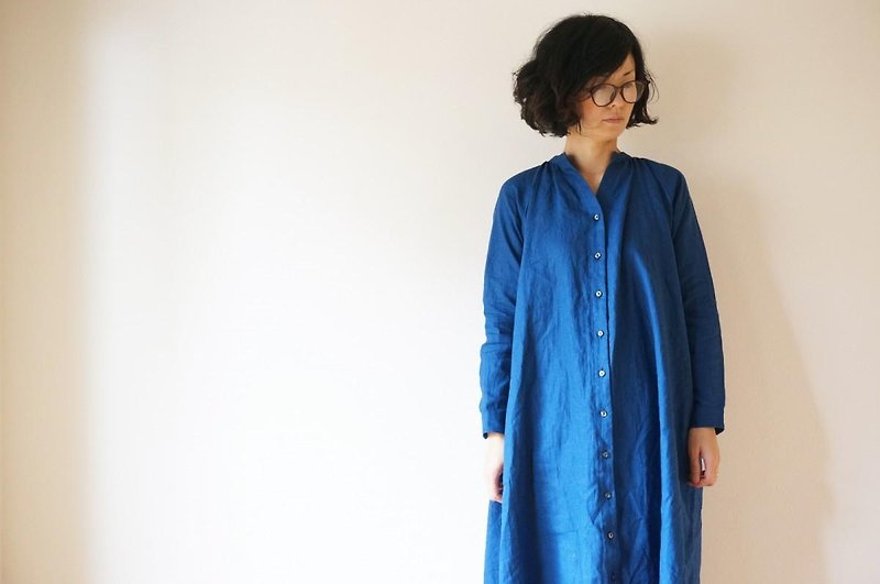 Linen One-piece Court - 洋裝/連身裙 - 棉．麻 藍色