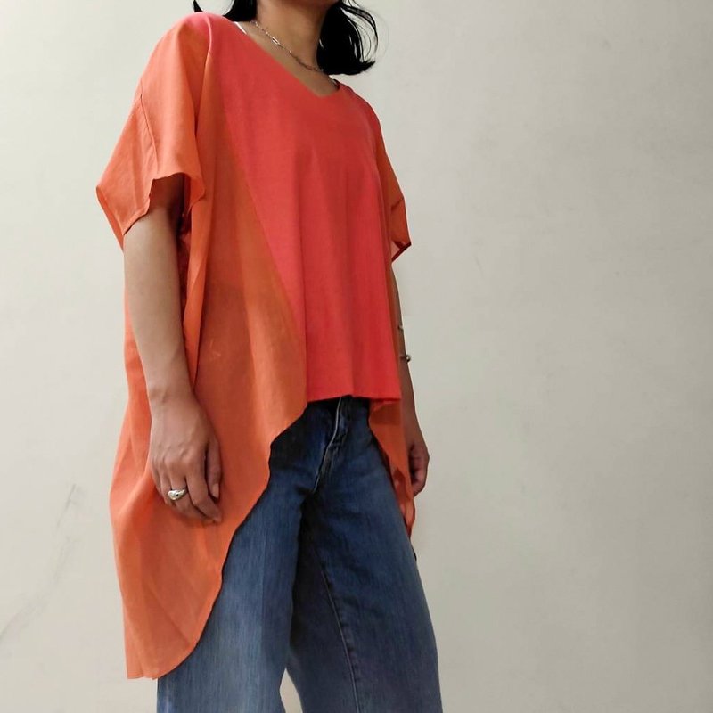 Made in Japan, oversized cut and sewn blouse, loose silhouette, mixed materials, orange - เสื้อเชิ้ตผู้หญิง - ผ้าฝ้าย/ผ้าลินิน สีส้ม