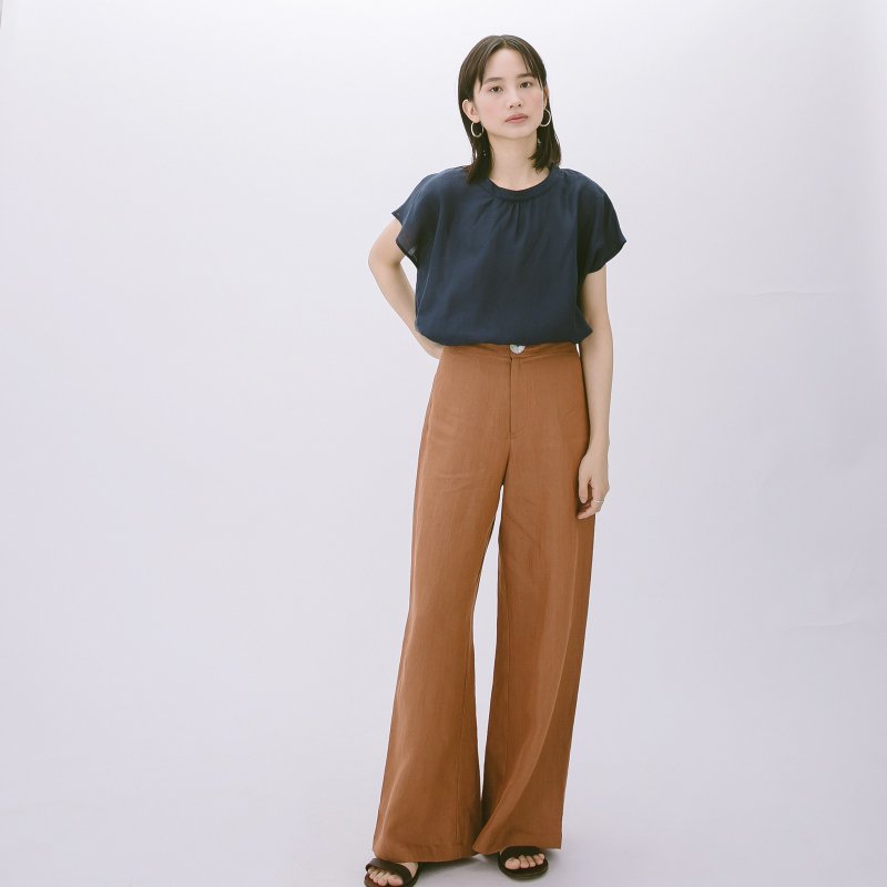 單釦寬管褲 - 棕 - 女長褲 - 棉．麻 咖啡色