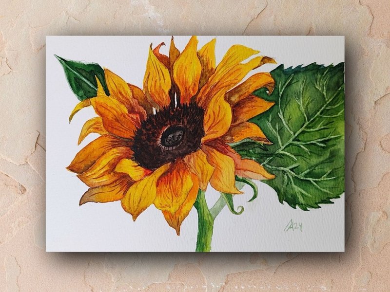 Sunflower painting original watercolor art plant floral artwork flower - 海報/掛畫/掛布 - 紙 黃色