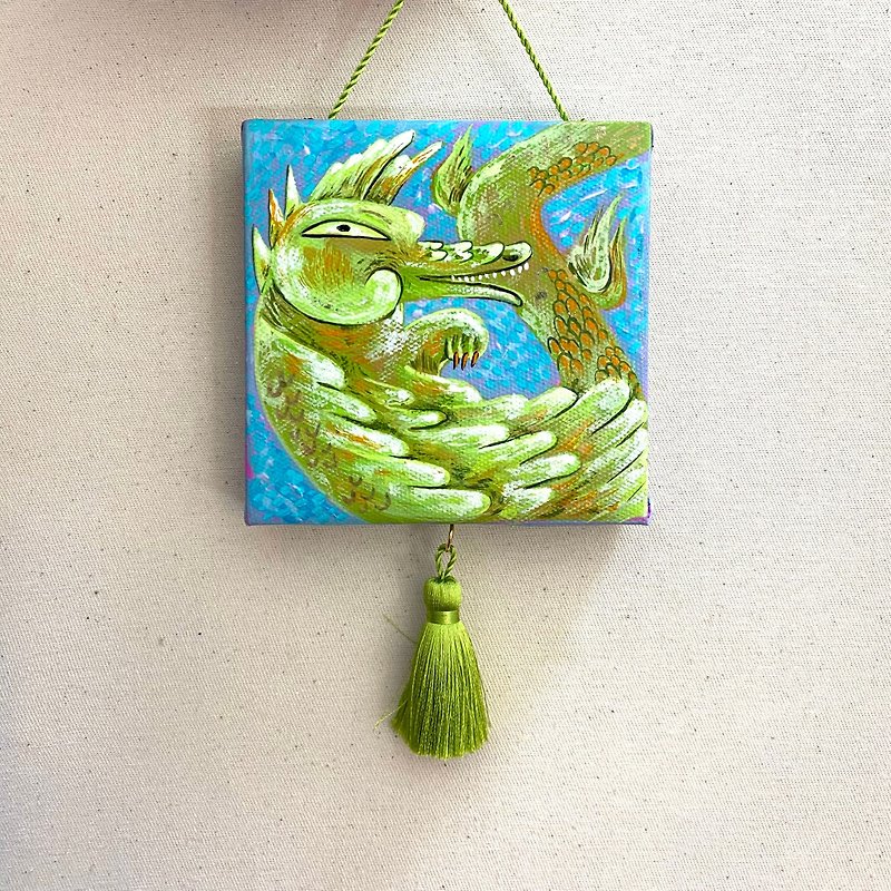 Original Painting Dragon. Green Dragon Art. Gift from Dragon. Painting on canvas - 海報/掛畫/掛布 - 棉．麻 綠色