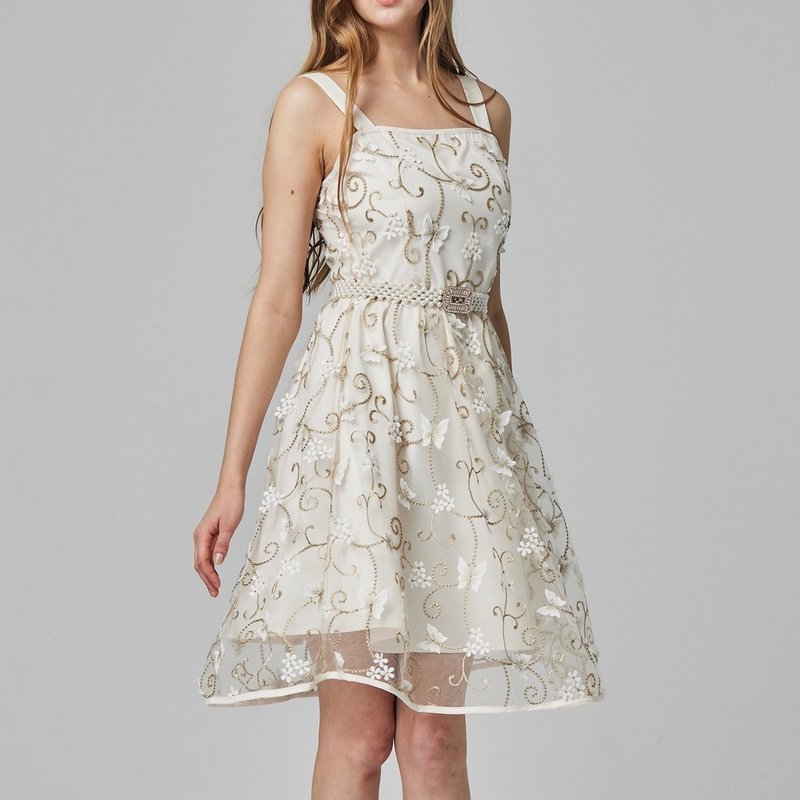 蝴蝶飛揚繡花短洋裝    白 - 洋裝/連身裙 - 聚酯纖維 白色