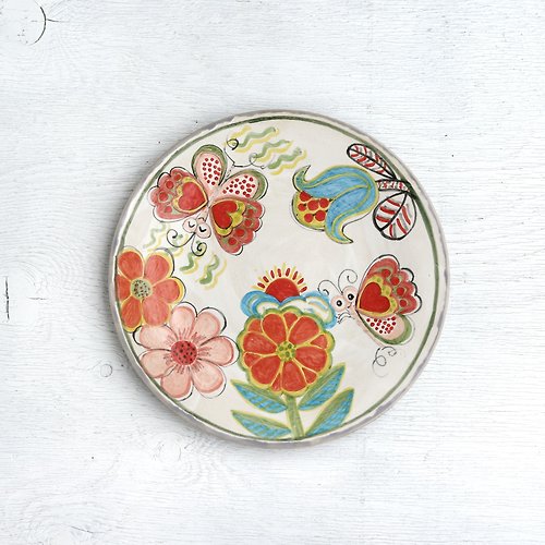 春信工房JAPAN 青いチューリップと花と蝶絵の平皿