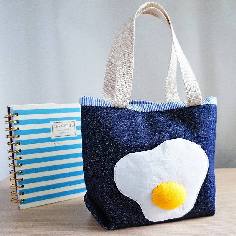ผ้าฝ้าย/ผ้าลินิน กระเป๋าถือ สีน้ำเงิน - Lovely Good Morning! Poached egg denim denim, lunch out bag N