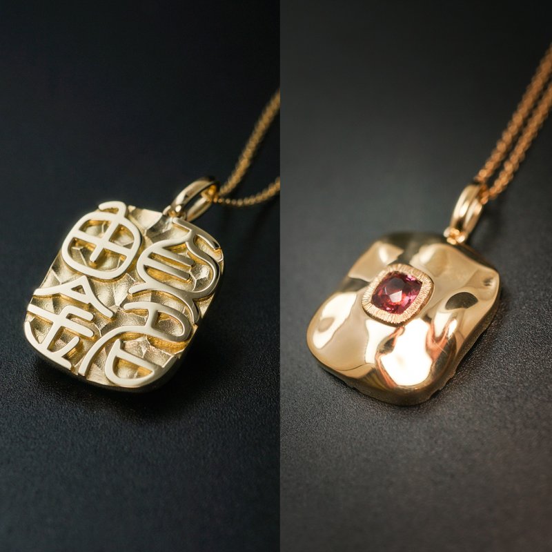 【Wavelight Secret Words-Masterwork Series】18K Gold Inlaid Stone Double-sided Wearable Stamp Custom Pendant - Necklaces - Gemstone Gold