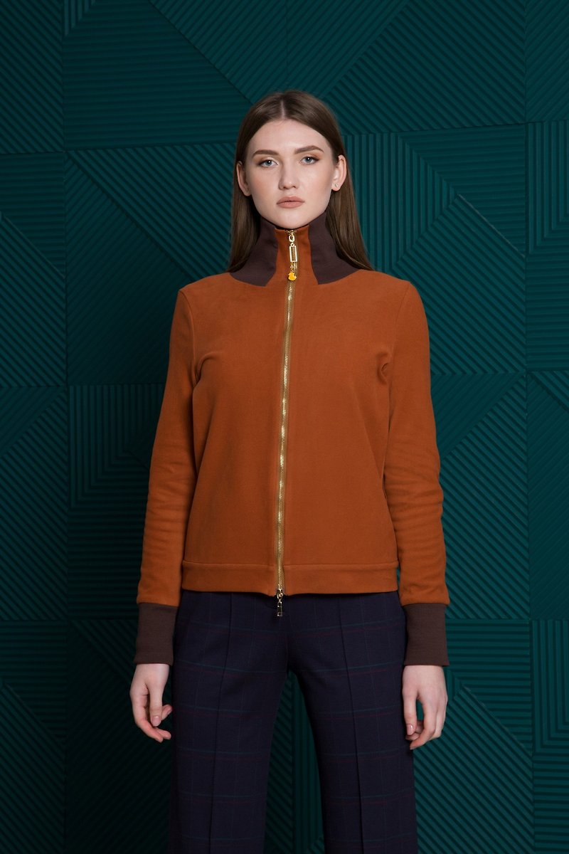 Fleece full zip high neck sweater, High zip collar sweatshirt, Brown tee women - Women's Sweaters - Polyester Orange