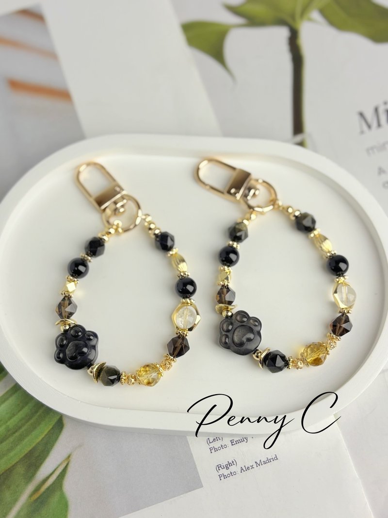 招財保平安可愛貓掌 吊飾 金曜石 銀曜石 黑碧璽 黃水晶 白水晶 - 手鍊/手環 - 水晶 