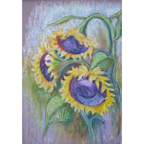 IllaUartGallery Sunflowers Painting Floral Original Art Flower Wall Art Oil Pastel Painting