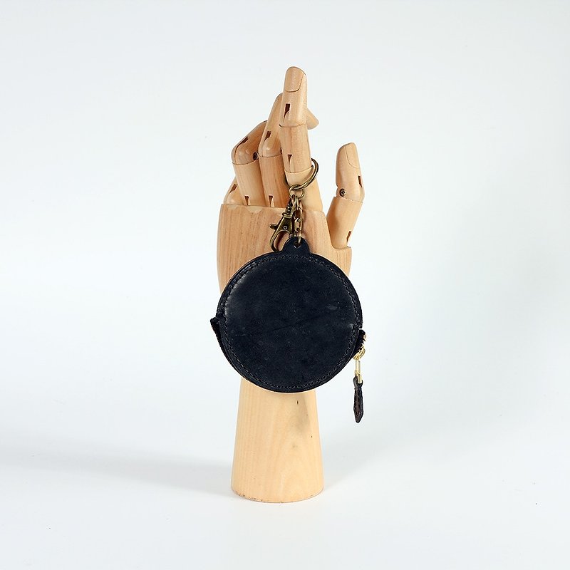 [Yingchuan Handmade] Dorayaki zipper coin purse/Italian vegetable-tanned cowhide/black - Coin Purses - Genuine Leather Black